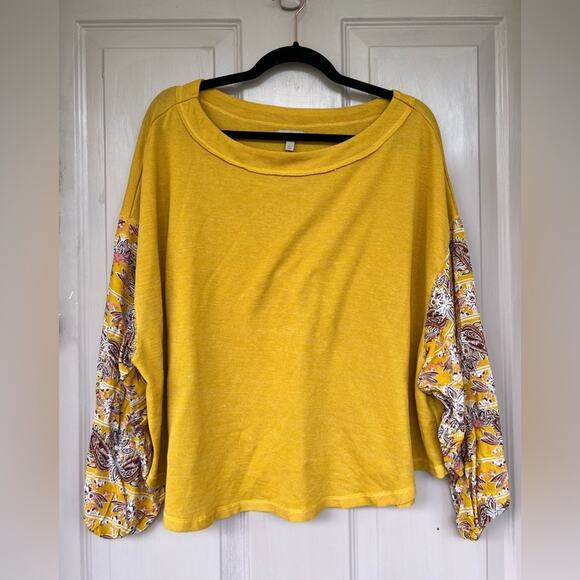 Wonderly Yellow Knit Top with Printed Balloon Sleeves | Size L - Picture 1 of 6